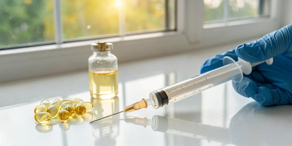 A gloved hand prepares a vitamin D injection from a vial, with oral supplement capsules nearby.