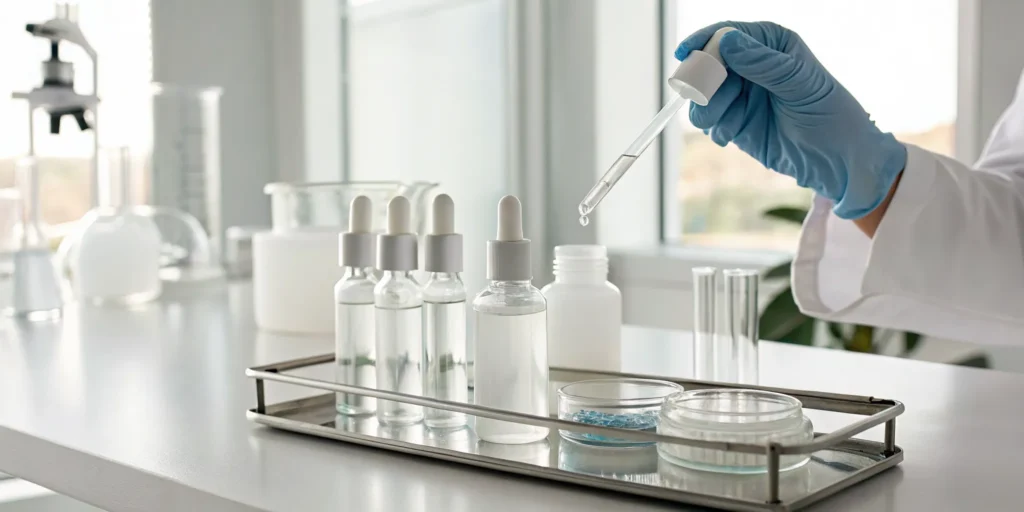 Medical professional in a lab using a dropper to formulate a medical-grade skincare serum.