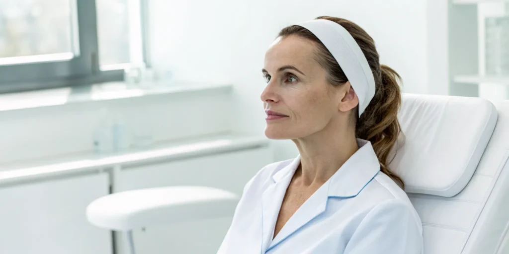 A patient receiving a Sofwave treatment, which uses ultrasound to firm skin and reduce wrinkles.