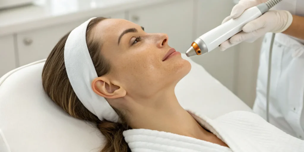 A LaseMD laser treating pigment on a woman's face.