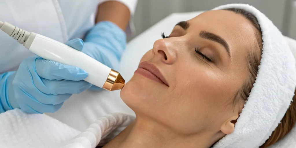 Woman receiving a collagen stimulation treatment on her face for firmer, smoother skin.