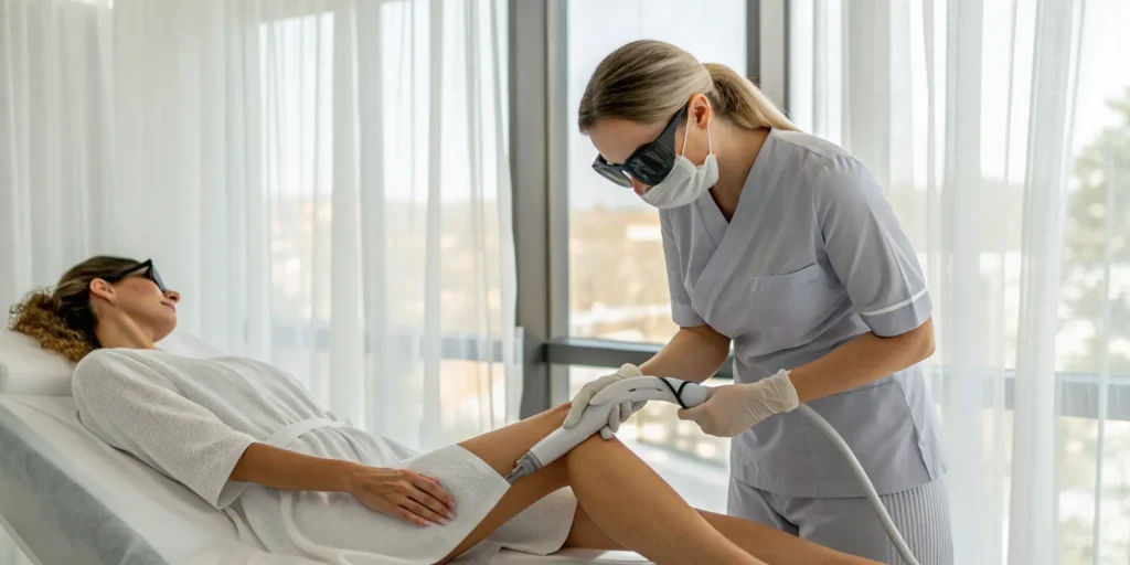 Woman receiving laser hair removal on her leg at a med spa in Sewickley.