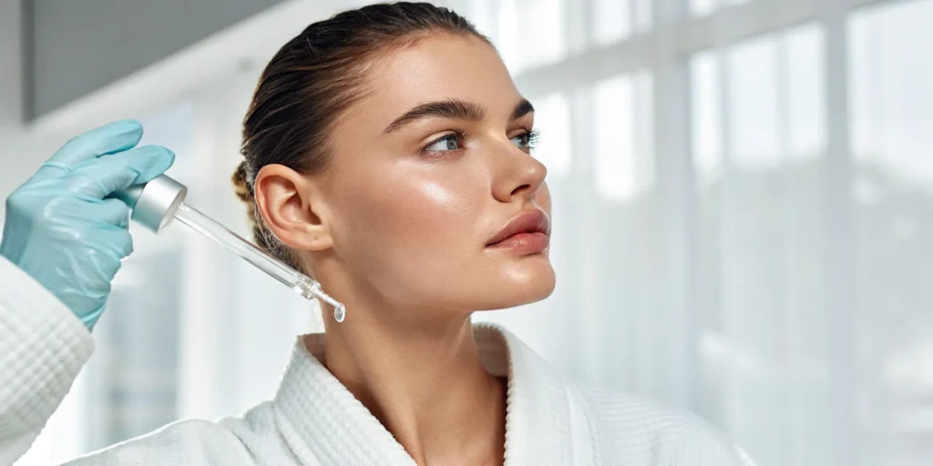 Woman applying a skin brightening treatment for a glowing complexion.