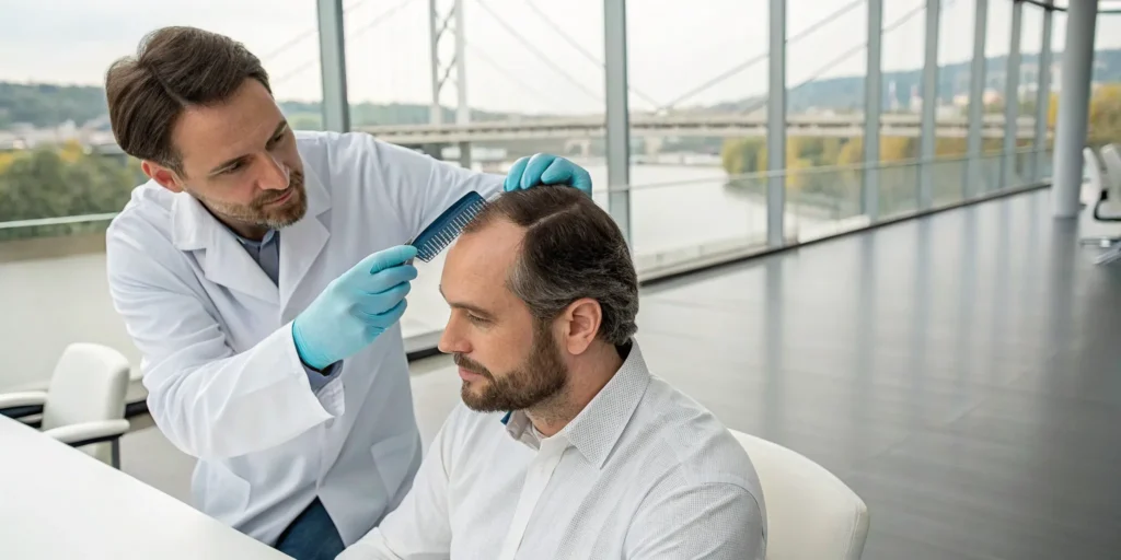 Doctor examining a patient's scalp for hair transplants in Pittsburgh.