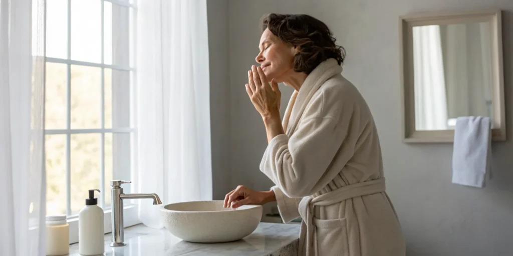 Woman performing a gentle skin care routine to help manage rosacea.