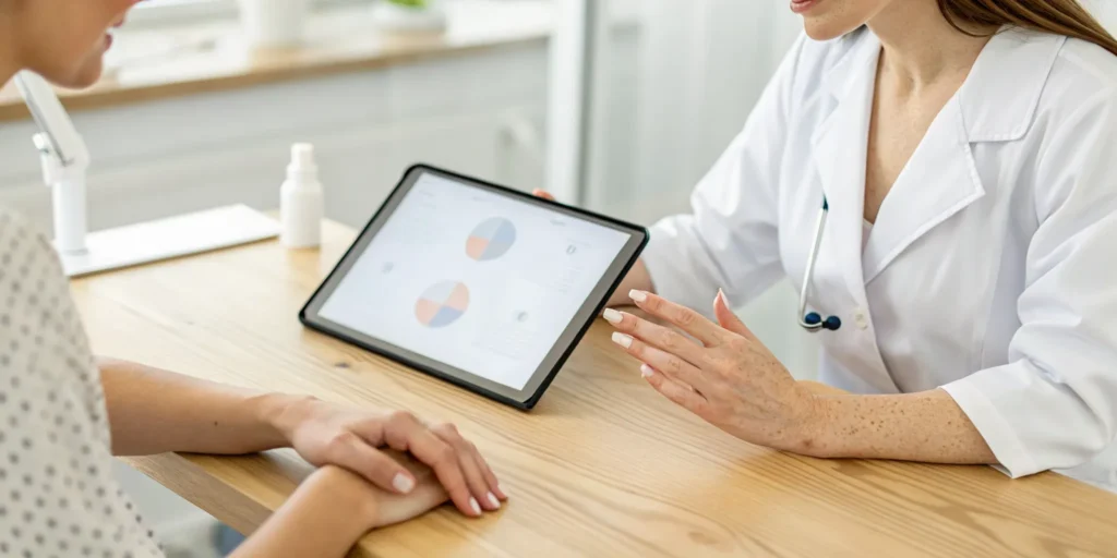 Patient discussing laser skin resurfacing price with a doctor during a consultation.