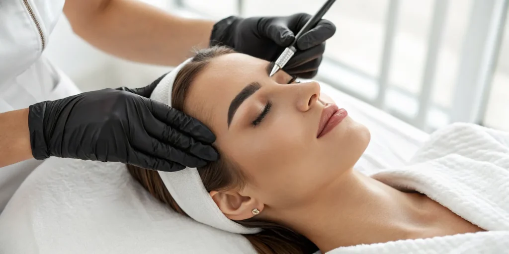 Close-up of a professional microblading procedure for creating fuller, natural brows.