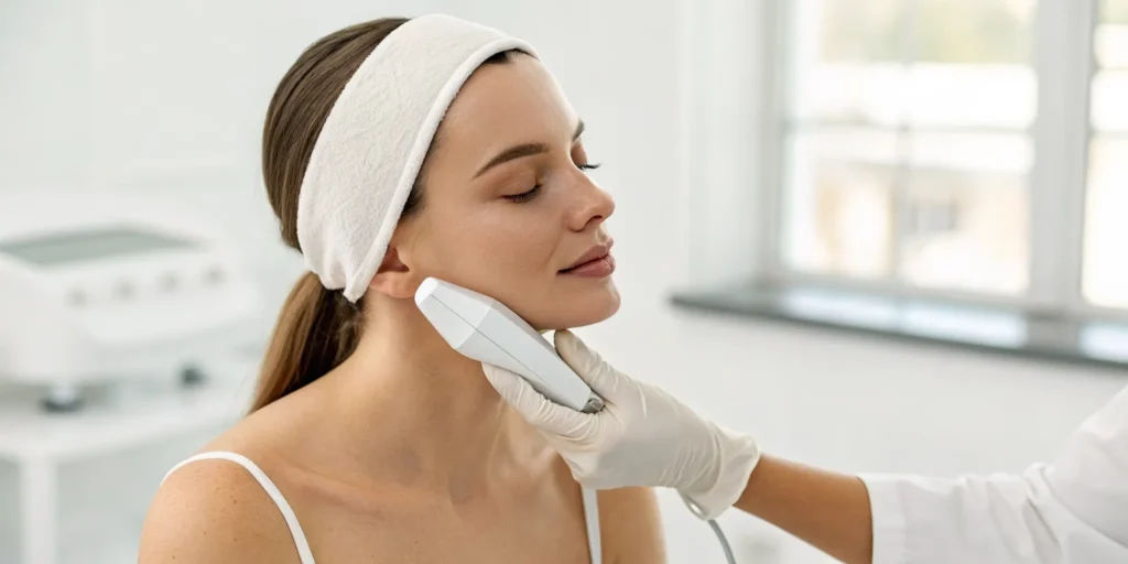 Woman's face receiving a professional skin resurfacing treatment.