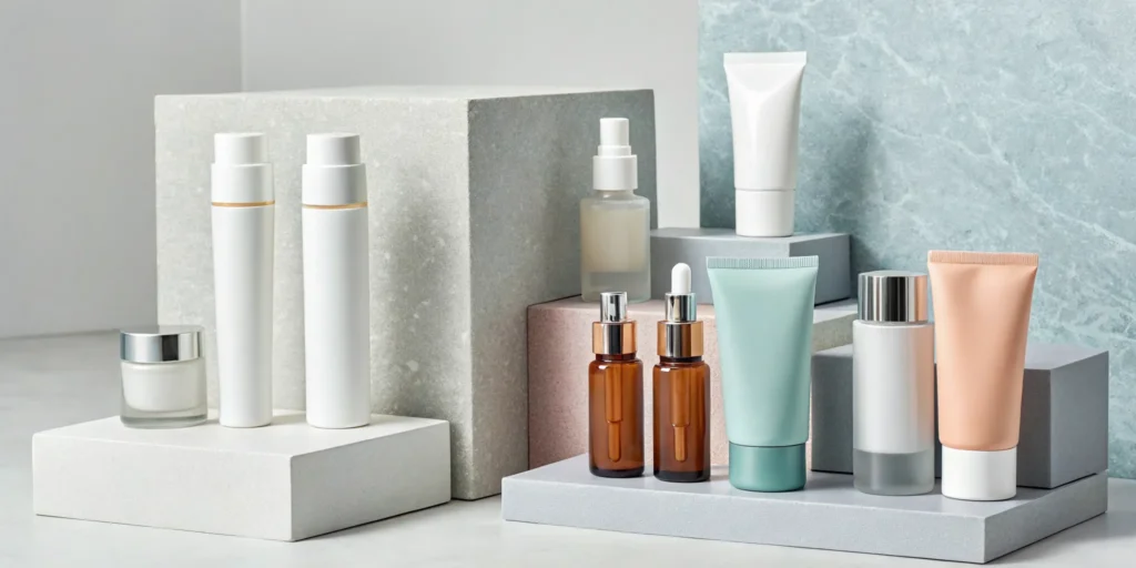 A collection of skin care products in bottles and tubes for different skin types.