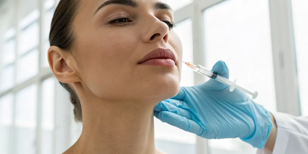 A close-up of a Botox lip flip injection for a fuller, more defined upper lip.
