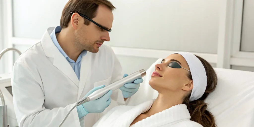 A woman receiving a laser skin brightening treatment from a dermatologist.