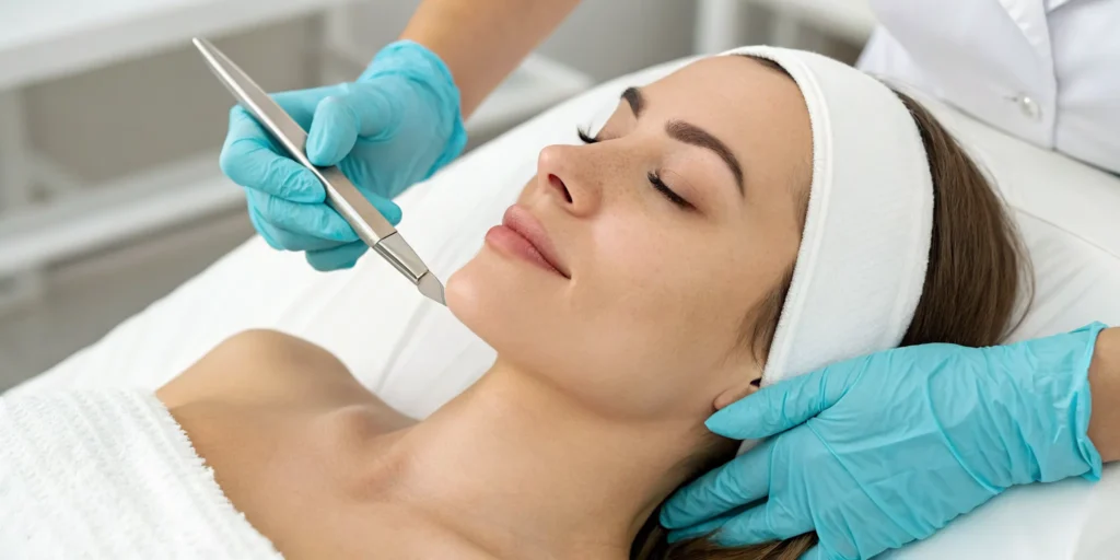Dermaplaning facial performed by an esthetician for smooth, glowing skin.