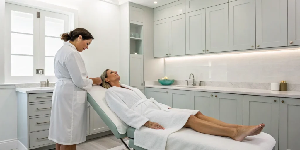 Woman getting a professional laser treatment for bikini hair removal.