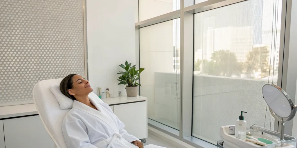 Woman relaxing in a bright clinic before a professional hyperpigmentation treatment.