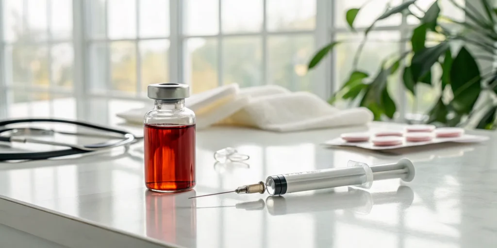 A vial of vitamin B12 and a syringe prepared for a beneficial injection.