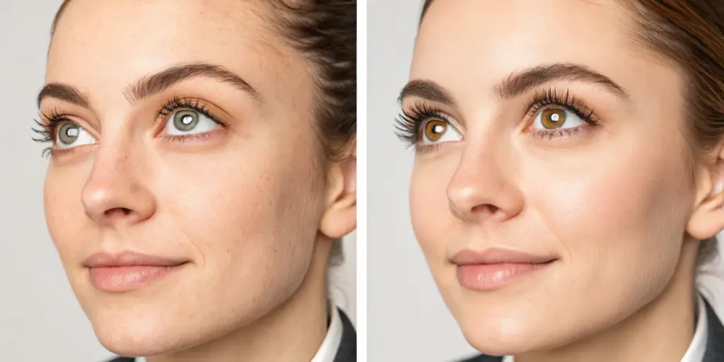 Before and after a lash lift and tint with lifted, curled, and darker lashes.