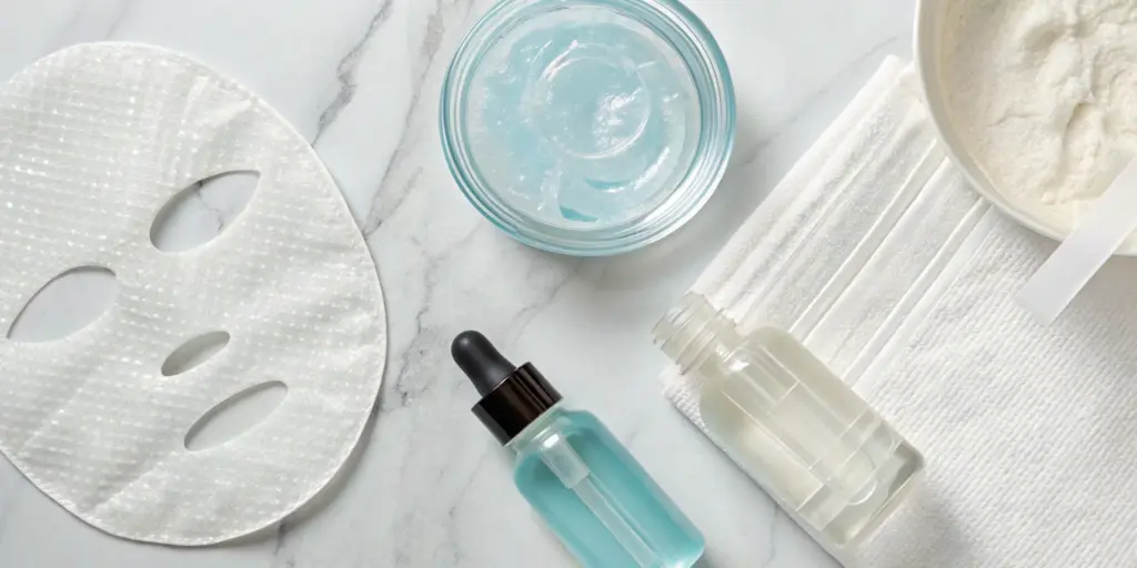 Hydrating facial treatment products including serum, gel, and a face mask.