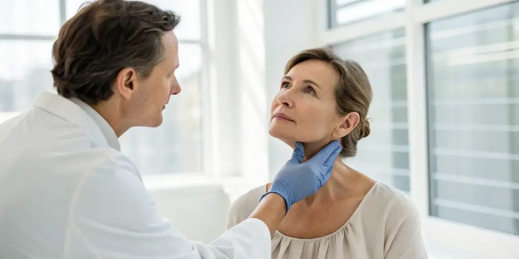 Doctor examining a woman's jaw to discuss masseter Botox side effects.