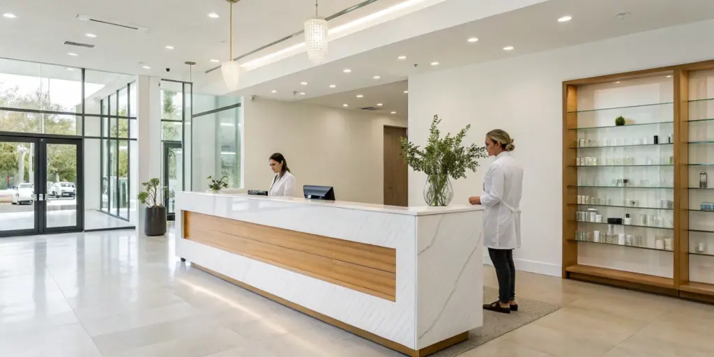 Modern medical aesthetics center reception with staff and skincare product displays.