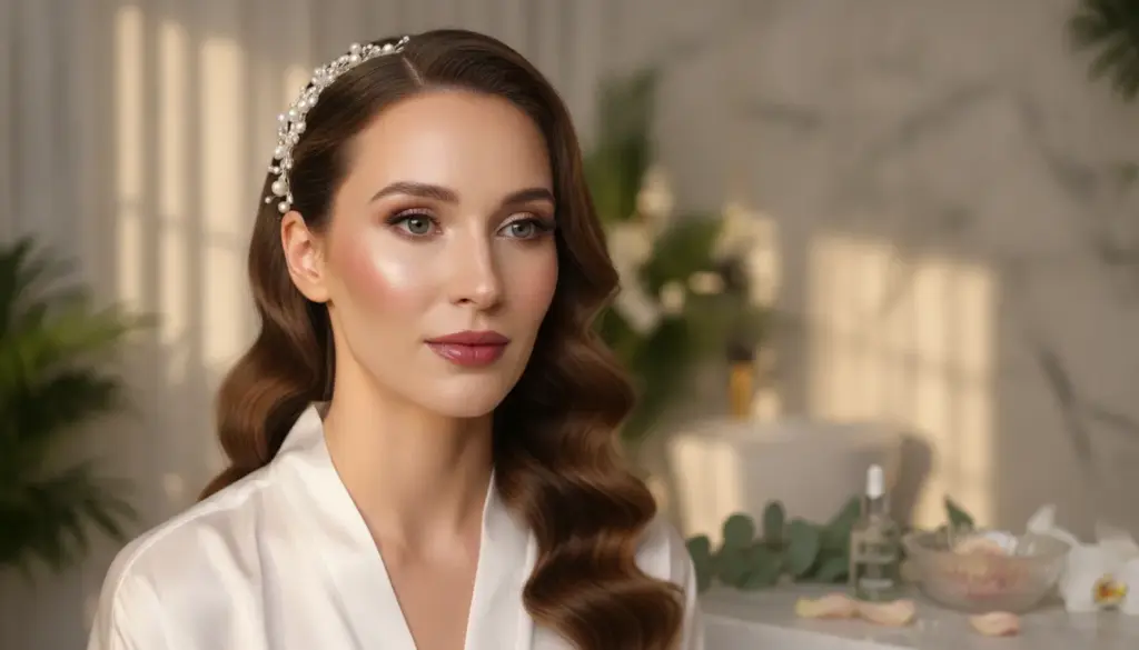 Radiant bride with glowing skin and soft natural makeup, bridal beauty portrait