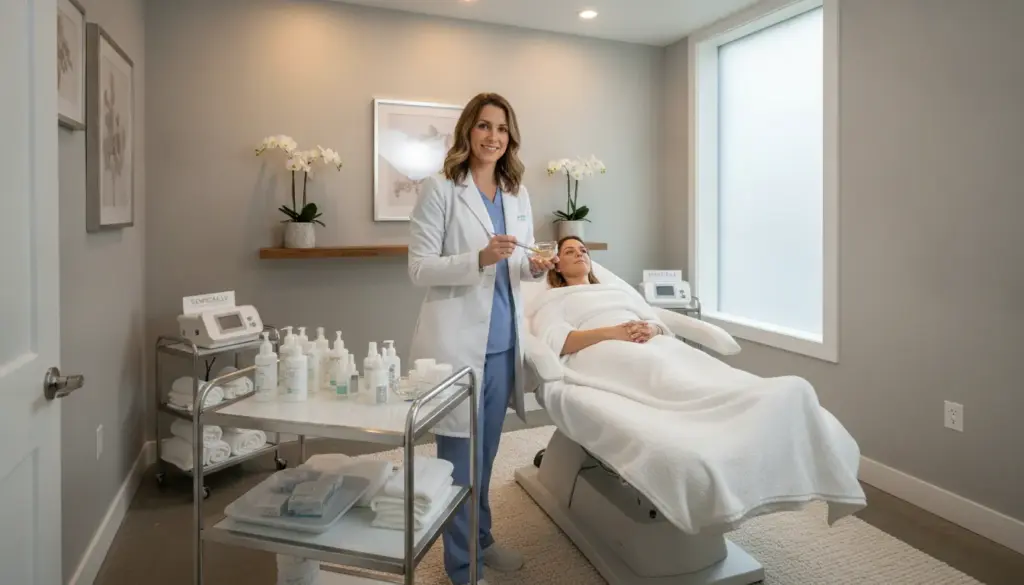 Medical aesthetician preparing a chemical peel treatment in a luxury med spa room