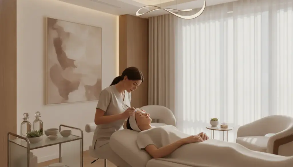 Medical aesthetician performing a dermaplaning treatment in a luxury med spa treatment room