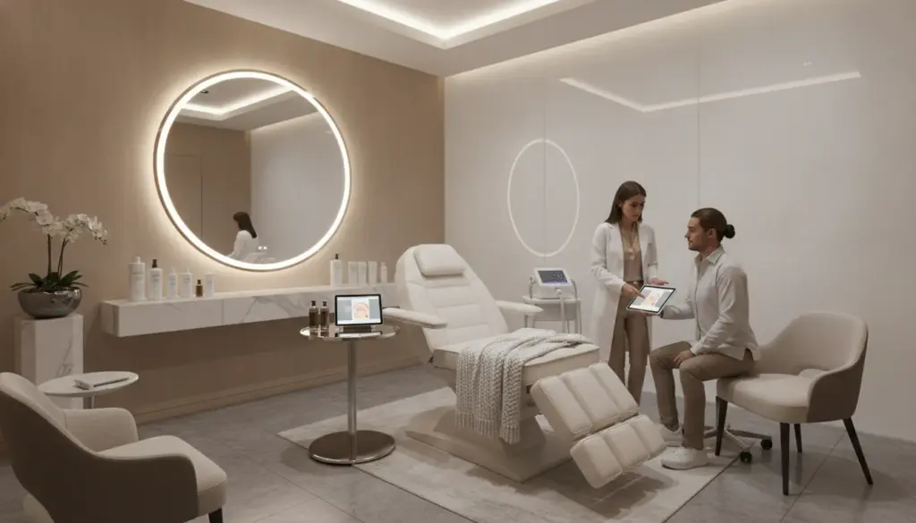 Elegant medical spa treatment room with serene lighting for hair restoration consultation