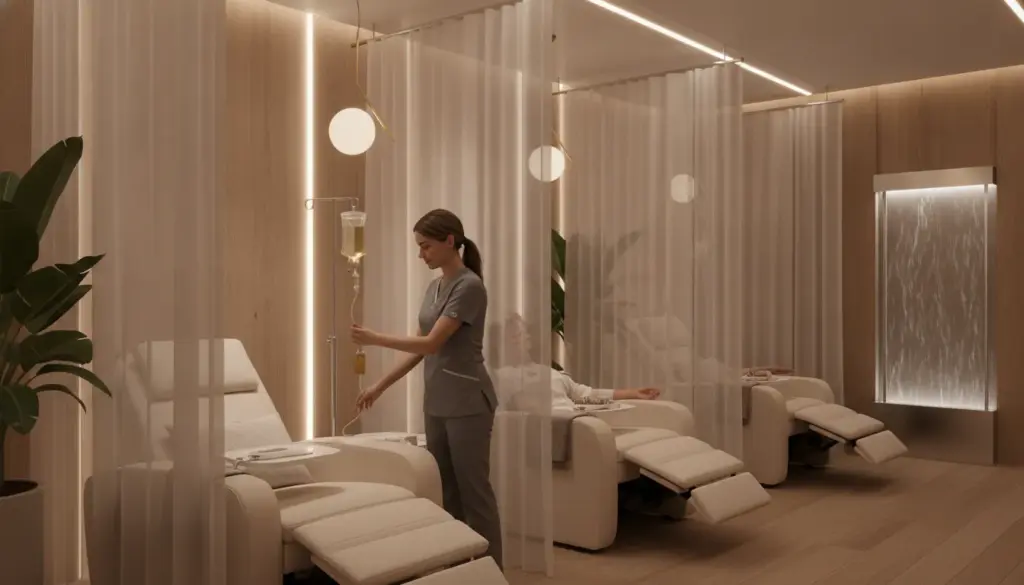A medical professional attending to a client receiving IV vitamin therapy in a peaceful lounge setting at a modern med spa