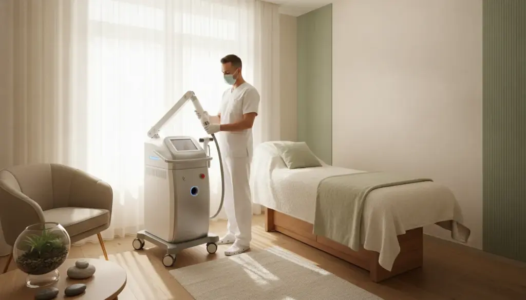 Medical professional preparing a laser device in a modern medical spa treatment room