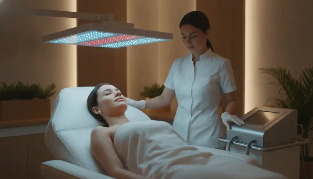 Woman relaxing with LED light panels at a luxury medical spa
