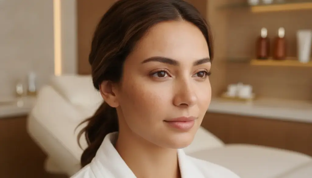 Woman with melasma receiving professional skincare consultation at a medical spa