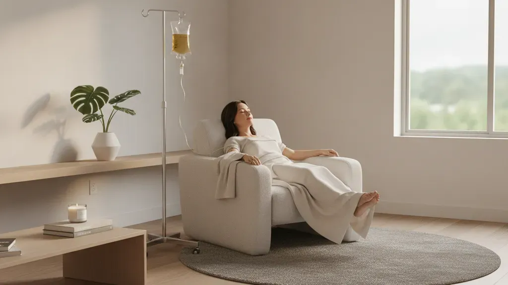A serene client relaxes in a plush white chair during a luxury wellness infusion in Sewickley near Pittsburgh.