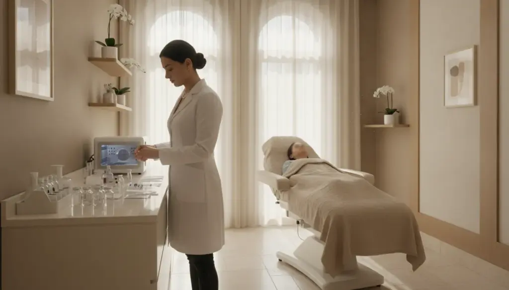 Elegant medical spa treatment room with gentle hands preparing for a skincare injectable procedure
