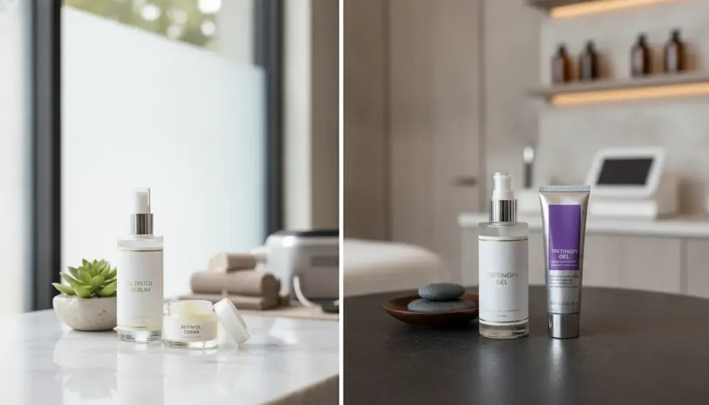 Retinol and tretinoin skincare products side by side in a medical spa setting