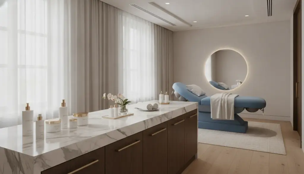 Luxurious medical spa treatment room with skincare products