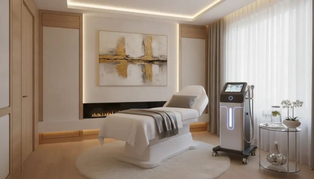 Elegant medical spa treatment room with advanced ultrasound skin tightening device