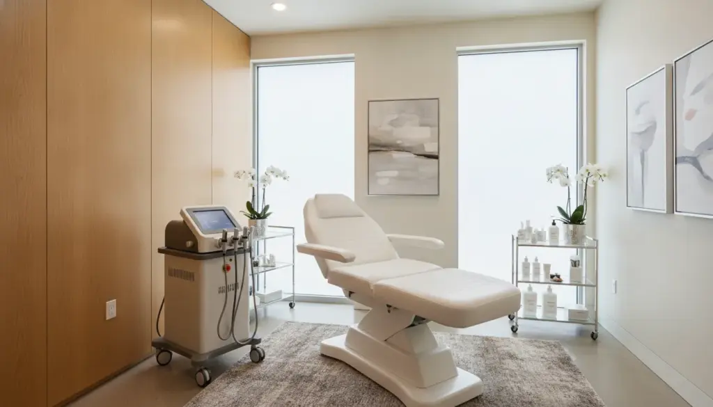 A high-end modern medical aesthetics clinic treatment room at Your Skin Prescription, showing a state-of-the-art radiofrequency microneedling device.