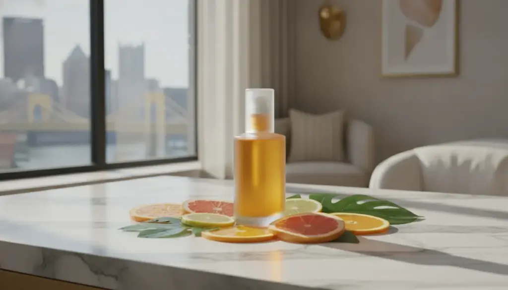 Vitamin C serum bottle on marble surface with fresh orange slices and green leaves, luxury skincare editorial