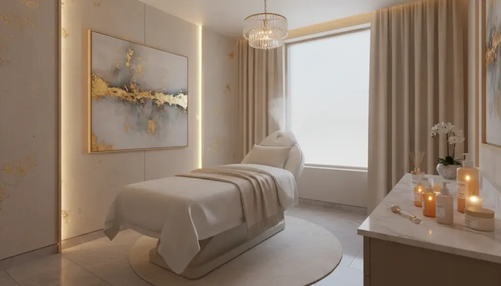 Luxurious med spa treatment room with soft lighting and elegant decor at Your Skin Prescription in Sewickley PA