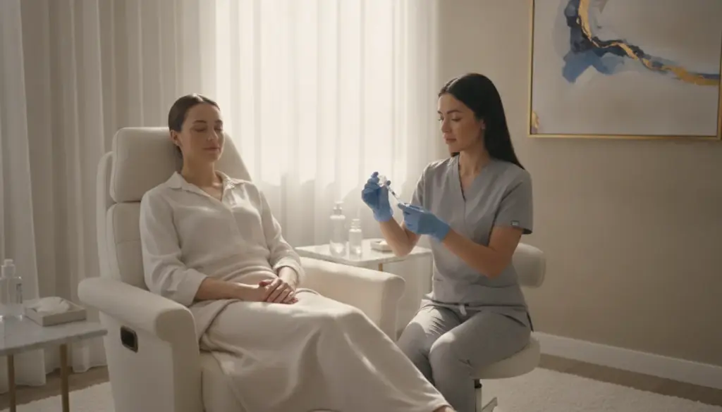 A calm patient relaxing in a clean med spa treatment room with a professional medical provider