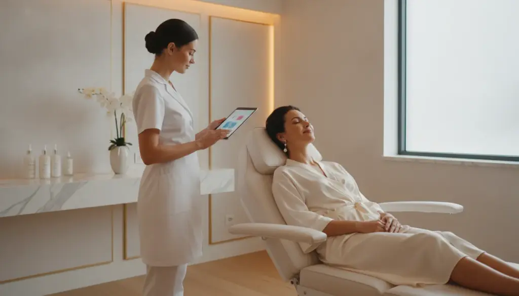 A patient in an elegant med spa during a neck rejuvenation consultation in Pittsburgh