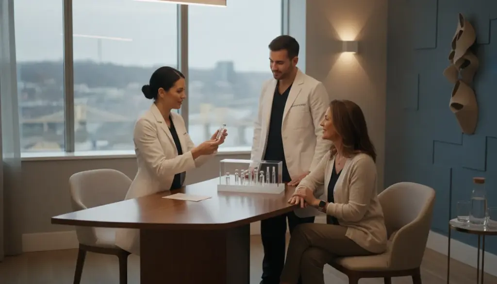 Medical professionals in a modern med spa consultation room discussing injectable options with a patient in Pittsburgh
