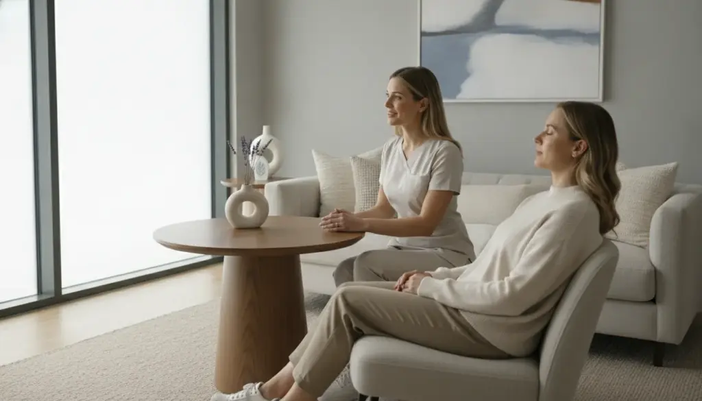Medical professional consulting with a relaxed patient in a serene medical spa about migraine relief