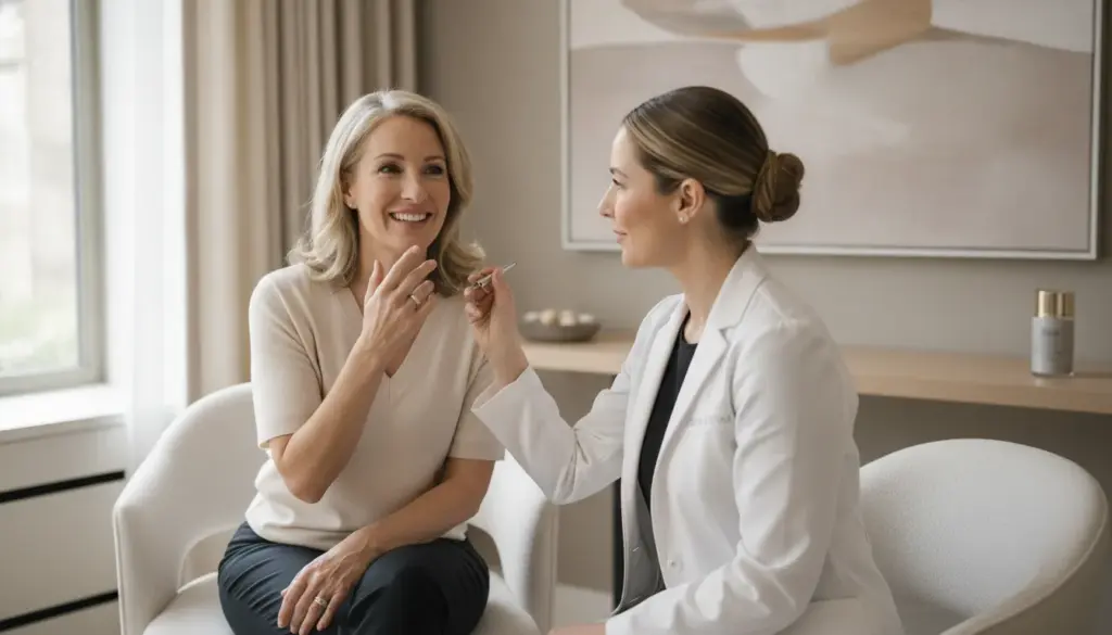 Patient discussing gummy smile treatment with a medical professional in a serene Pittsburgh area med spa