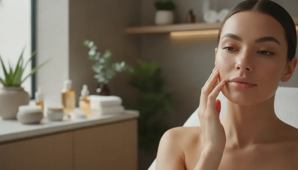 Woman with healthy glowing skin in a serene med spa treatment room