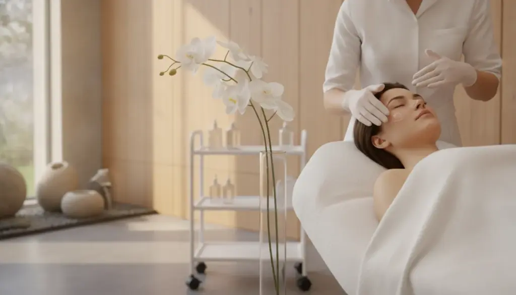 Woman relaxing while receiving a professional facial treatment at a luxury medical spa