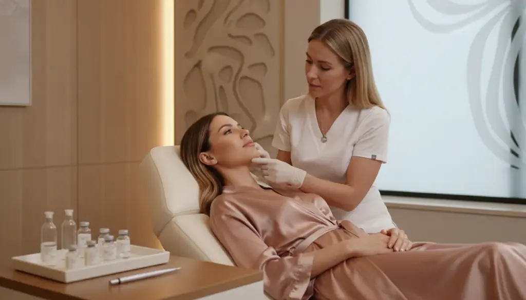 Jawline filler consultation at a luxury med spa, a physician assistant assessing jawline contour