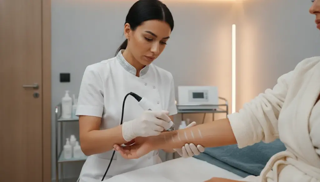 Medical aesthetician performing microneedling treatment on a client's arm in a professional med spa setting