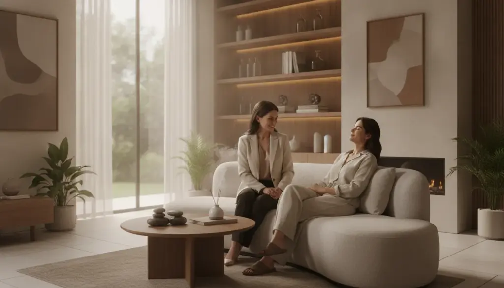 A medical professional consulting with a patient in a serene women's wellness suite