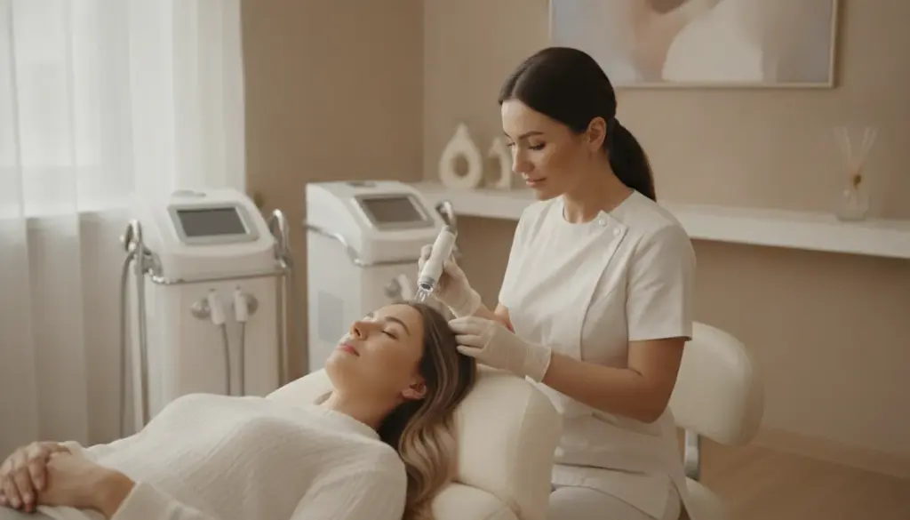 Patient at a luxury med spa receiving a PRF microneedling consultation for hair restoration